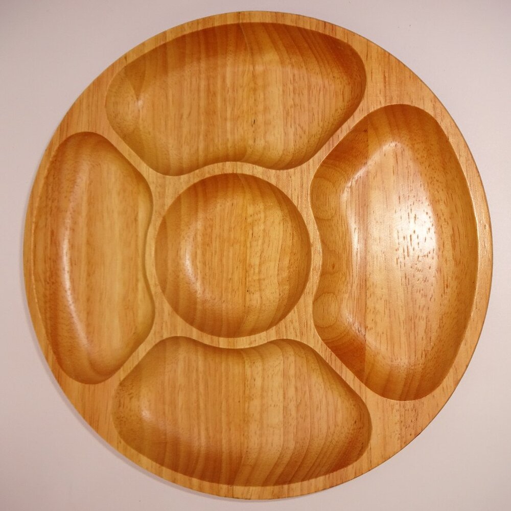5 Compartment Round Wood Food Serving Tray Bowl Dish Platter Chips & Dip Divided